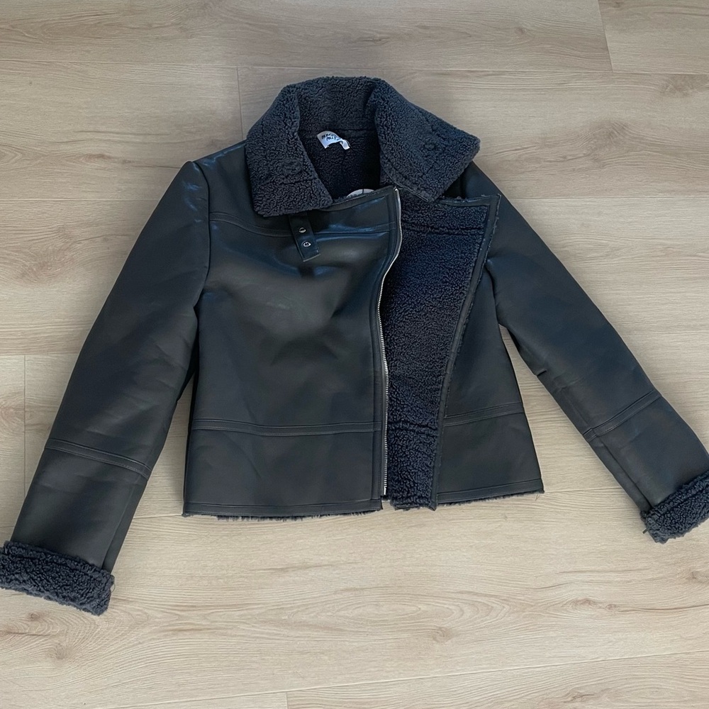 Princess Polly Gray Faux Leather Jacket with Shearling Collar
